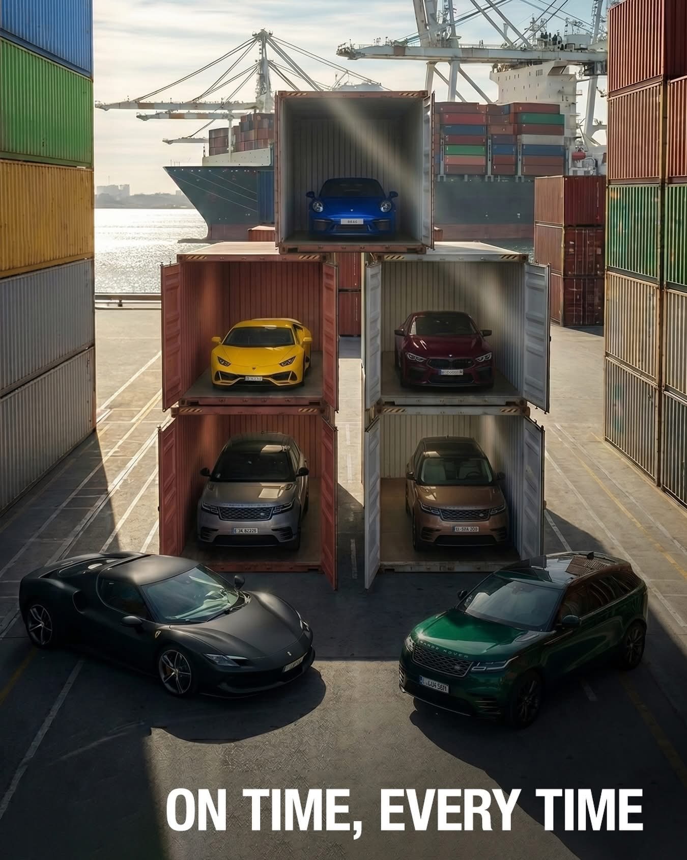 Open shipping containers at a port, each holding a vehicle, with a container ship behind, captioned On time, every time