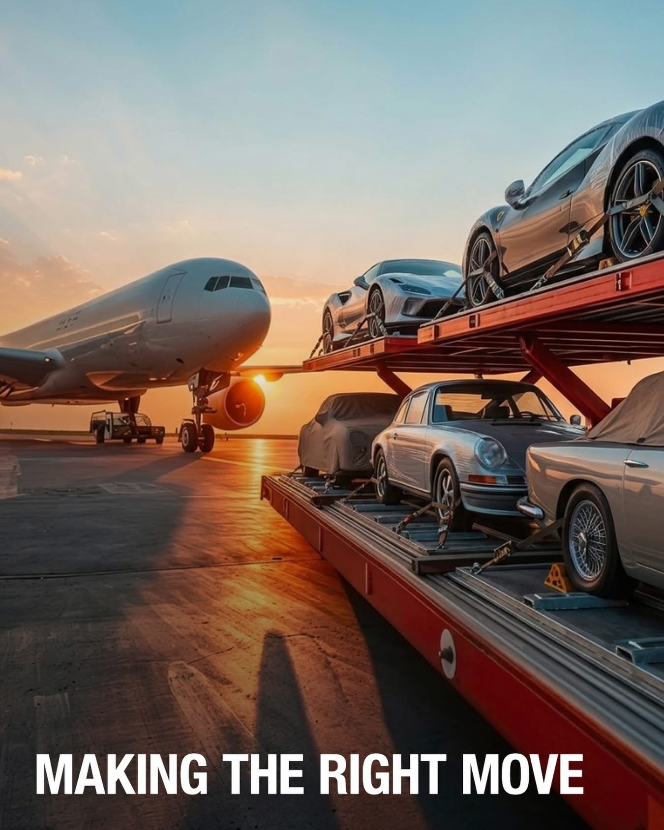 Vehicles secured on a transporter beside a cargo aircraft at sunset, captioned Making the right move
